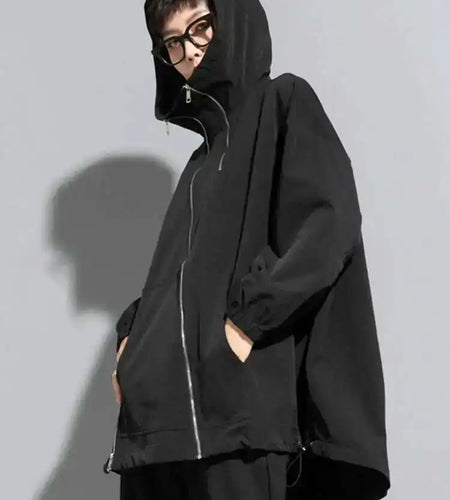 Loose Black Zipper Irregular Big Size Long Jacket New Hooded Long Sleeve Women Coat Fashion Spring Autumn 2025 1DF1658