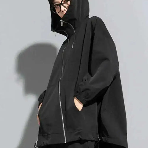 Load image into Gallery viewer, Loose Black Zipper Irregular Big Size Long Jacket New Hooded Long Sleeve Women Coat Fashion Spring Autumn 2025 1DF1658
