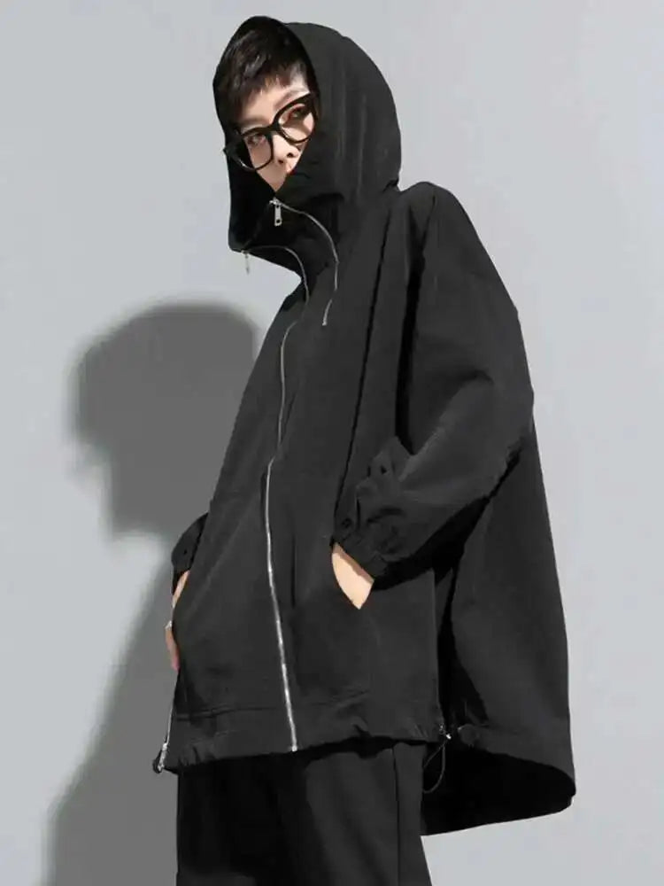 Loose Black Zipper Irregular Big Size Long Jacket New Hooded Long Sleeve Women Coat Fashion Spring Autumn 2025 1DF1658