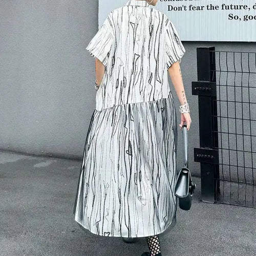 Load image into Gallery viewer, Women Black White Tie Dye Mesh Big Size Midi Shirt Dress New Lapel Short Sleeve Fashion Tide Spring Summer 2025 1DH5962
