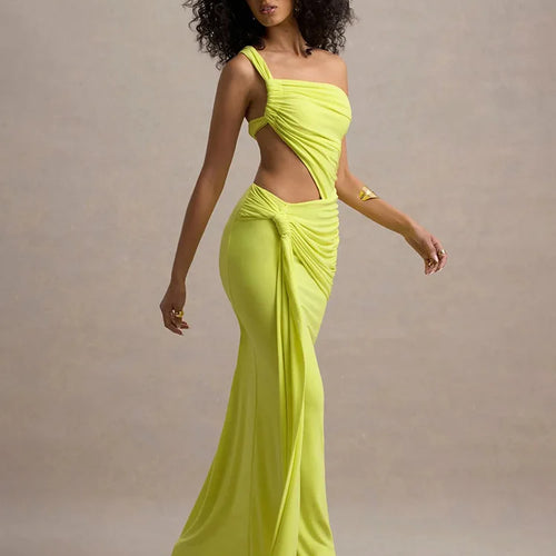 Load image into Gallery viewer, Irregular Ruched Sexy Maxi Dress For Women Gown Hollow Out One Shoulder Sleevelessdraped Bodycon Club Party Long Dress
