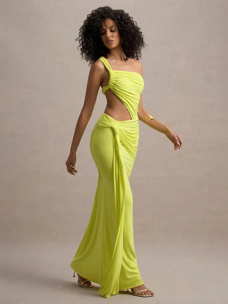 Irregular Ruched Sexy Maxi Dress For Women Gown Hollow Out One Shoulder Sleevelessdraped Bodycon Club Party Long Dress
