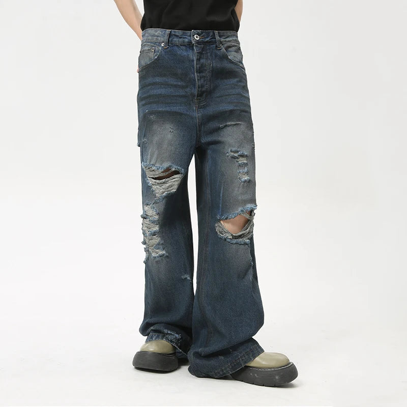 American Style Loose Men's Denim Pants Casual Straight Hole Zipper Male Jeans New Chic Summer Niche Design 9C6087