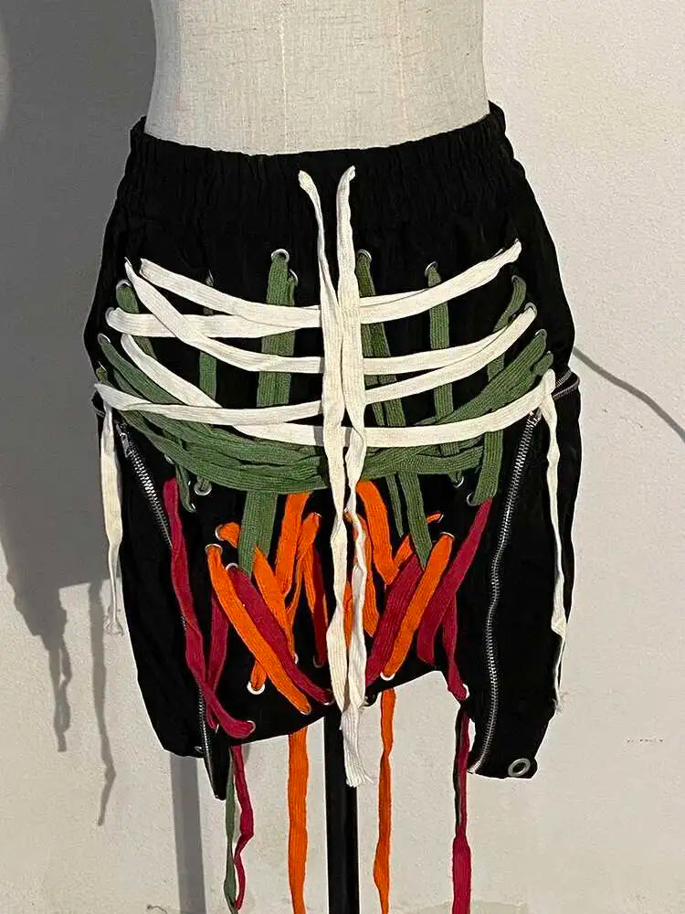 High Elastic Waist clolorful  Asymmetrical Bandage Midi Half-body Skirt Women Fashion Tide New Spring Summer 2025 1W91209