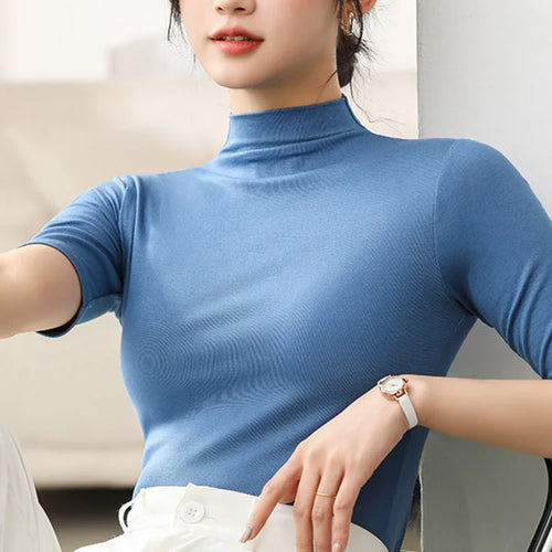 Load image into Gallery viewer, Half Turtleneck Milk Silk Tops Women Short Sleeve Slim T-Shirt Solid Color Basic Trend Bottoming Shirt High Street Women Blouse
