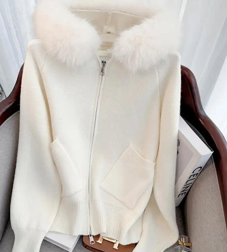 French Fashion Women Solid Long Sleeve Knitted Sweater 2024 New Autumn Winter Ladies Hairy Neck Hooded Zipper Cardigan Tops Chic