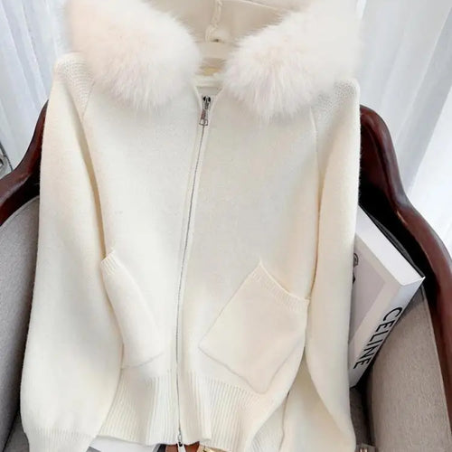 Load image into Gallery viewer, French Fashion Women Solid Long Sleeve Knitted Sweater 2024 New Autumn Winter Ladies Hairy Neck Hooded Zipper Cardigan Tops Chic
