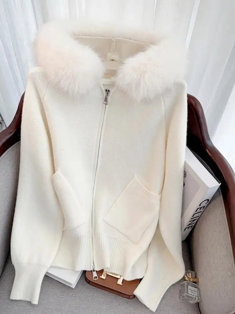 French Fashion Women Solid Long Sleeve Knitted Sweater 2024 New Autumn Winter Ladies Hairy Neck Hooded Zipper Cardigan Tops Chic