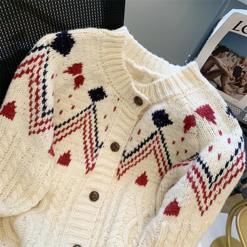 Autumn Winter Vintage White Patchwork Cardigan Sweater Women Korean Pink Single-breasted Long Sleeved Elegant Knitted Tops Thick