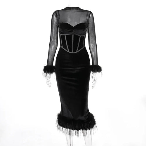 Load image into Gallery viewer, Elegant Feather Sexy Midi Dress For Women Black Fashion Sheer Long Sleeve Backless Bodycon Club Party Long Dress
