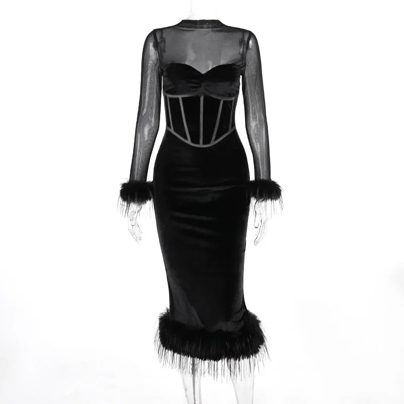 Elegant Feather Sexy Midi Dress For Women Black Fashion Sheer Long Sleeve Backless Bodycon Club Party Long Dress