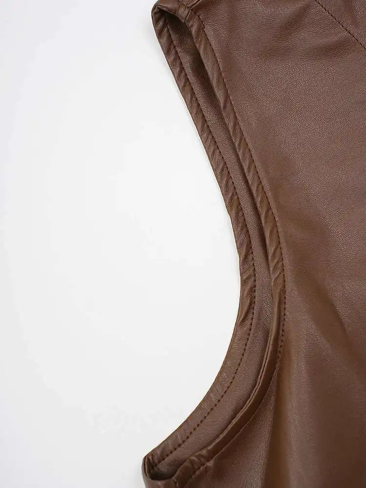 Women Black  Pu Leather Pockets Big Size Long Vest Dress New V-Neck Sleeveless Fashion Tide Spring Autumn 2025 CPG2085