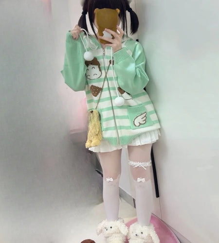 Harajuku Knitted Stripe Hooded Cardigan Women Y2k Aesthetic Cartoon Jacquard Casual Loose Sweater Grunge Vintage Drawstring Tops