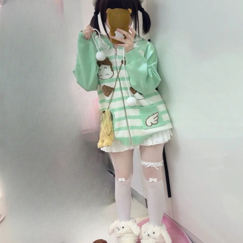 Harajuku Knitted Stripe Hooded Cardigan Women Y2k Aesthetic Cartoon Jacquard Casual Loose Sweater Grunge Vintage Drawstring Tops