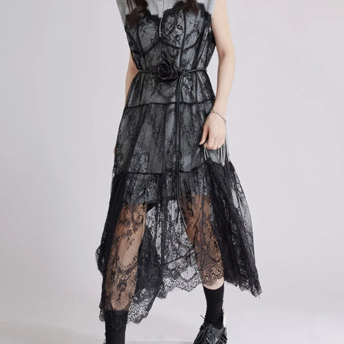 Load image into Gallery viewer, Women Gray Lace Perspective Big Size Midi Dress New Round Neck Short Sleeve Fashion Tide Spring Summer 2025 1DJ1429
