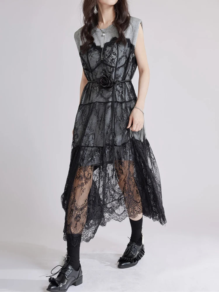 Women Gray Lace Perspective Big Size Midi Dress New Round Neck Short Sleeve Fashion Tide Spring Summer 2025 1DJ1429