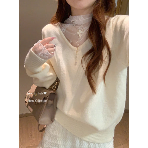 Load image into Gallery viewer, Autumn Winter New Solid Patchwork Lace Long Sleeved Knit Sweater Vintage Elegant Festival Half High Neck Pullover Slim Top Women
