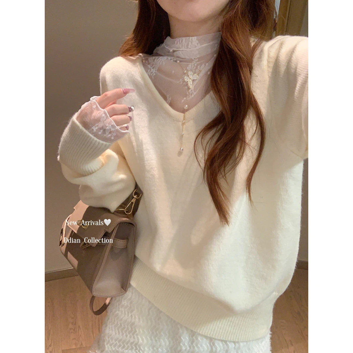 Autumn Winter New Solid Patchwork Lace Long Sleeved Knit Sweater Vintage Elegant Festival Half High Neck Pullover Slim Top Women