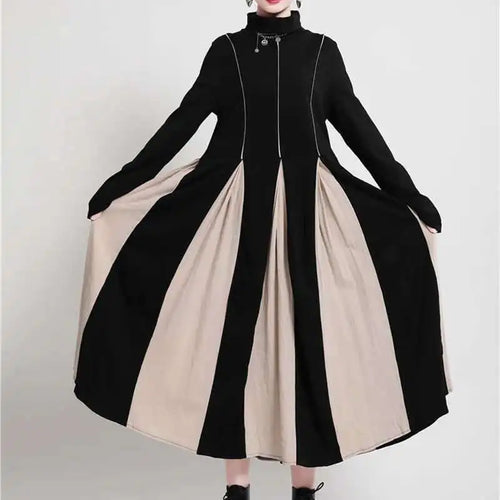 Load image into Gallery viewer, Women Black White Contrast Color Long Dress New Turtleneck Long Sleeve Loose Fit Fashion Tide Autumn Winter 2025  1DD2153
