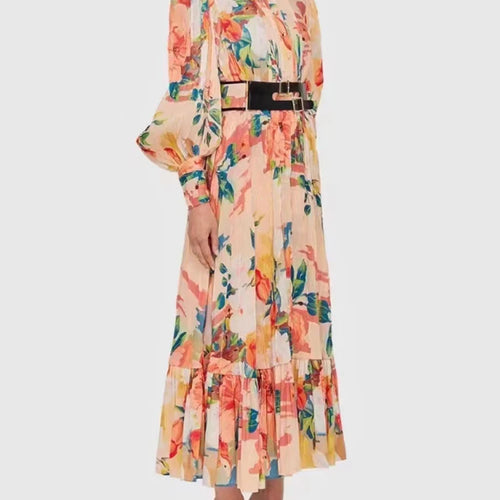 Load image into Gallery viewer, Print Floral Dress Female Stand Collar Lantern Sleeve Patchwork Belt A Line Midi Dresses For Woman Fashion Clothing 2022 New
