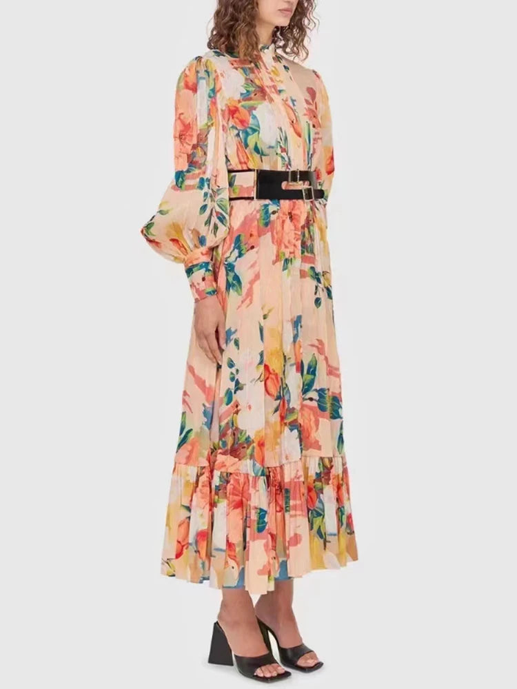 Print Floral Dress Female Stand Collar Lantern Sleeve Patchwork Belt A Line Midi Dresses For Woman Fashion Clothing 2022 New