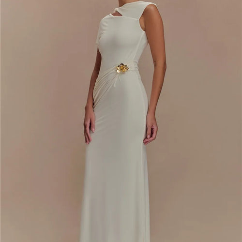 Load image into Gallery viewer, Hollow Out Gold Clasp Sexy Maxi Dress For Women Gown Solid Sleeveless Backless Ruched Bodycon Club Long Dress Elegant
