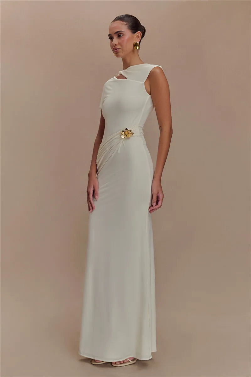 Hollow Out Gold Clasp Sexy Maxi Dress For Women Gown Solid Sleeveless Backless Ruched Bodycon Club Long Dress Elegant