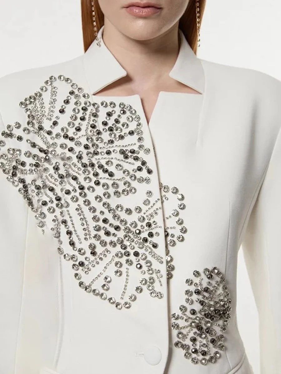 Solid Spliced Diamonds Luxurious Blazers for Women V Neck Long Sleeves Patchwork Button Temperament Blazer Female