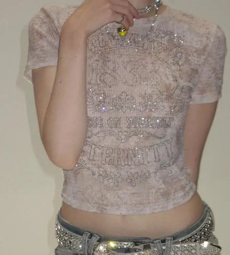 See Through T Shirts for Women Crop Tops Heavy Diamond Fashion Tees Short Sleeve O-neck Tunic Camisetas Casual Summer Tshirt