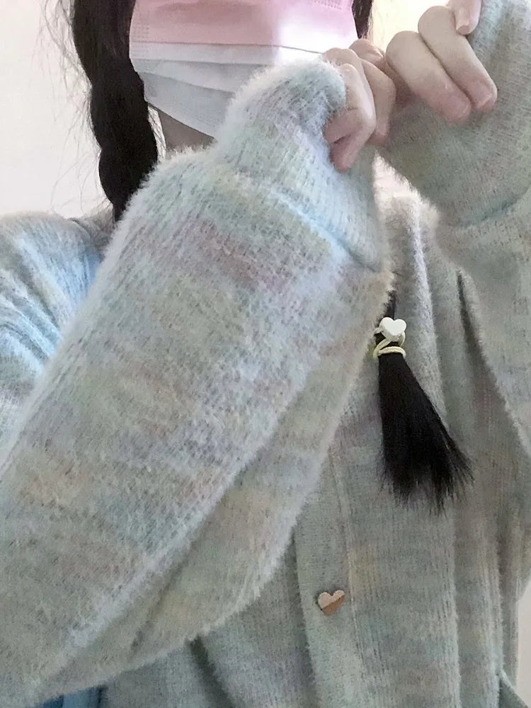 Cute Iridescence Knitted Cardigans Loose Sweet Y2k Aesthetic Single Breaste Tops Contrast Color Grunge Harajuku Sweaters Women