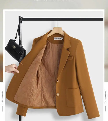 Korean Women Black Beige Single Breasted Cotton Blazer Coat Autumn Winter Brown Long Sleeve Elegant Professional Tops Thick Chic