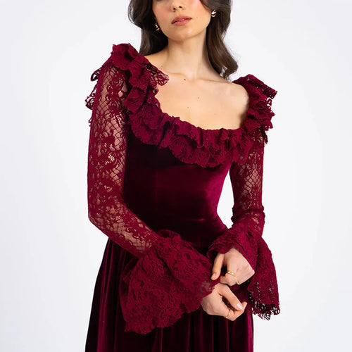 Load image into Gallery viewer, Elegant Long Sleeve Lace Patchwork Tight Dress Women Sexy Trumpet Sleeves Slim Skirt Autumn/Winter New 2025 Vestido
