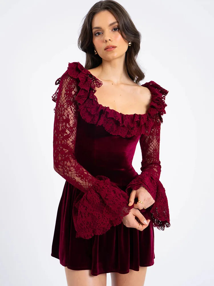 Elegant Long Sleeve Lace Patchwork Tight Dress Women Sexy Trumpet Sleeves Slim Skirt Autumn/Winter New 2025 Vestido