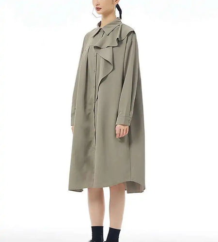 Women Gray Ruffles Pleated Midi Elegant Big Size Shirt Dress New Lapel Long Sleeve Fashion Tide Spring Autumn 2025 1DH7415