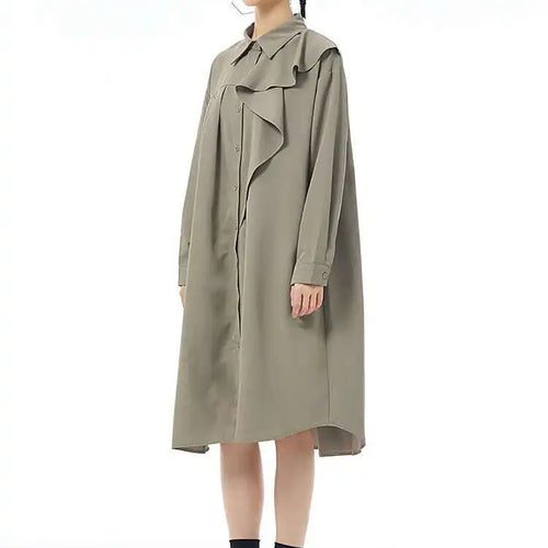 Load image into Gallery viewer, Women Gray Ruffles Pleated Midi Elegant Big Size Shirt Dress New Lapel Long Sleeve Fashion Tide Spring Autumn 2025 1DH7415
