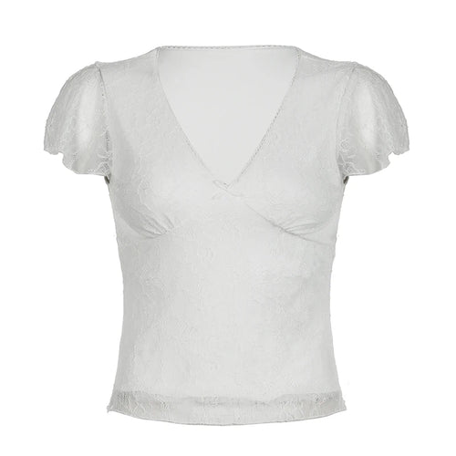 Load image into Gallery viewer, Fashion V-Neck With Bow Lace Slimming T-shirts Women Elegant Solid Chic Short Sleeve Top Tees Y2K Aesthetics Outifits
