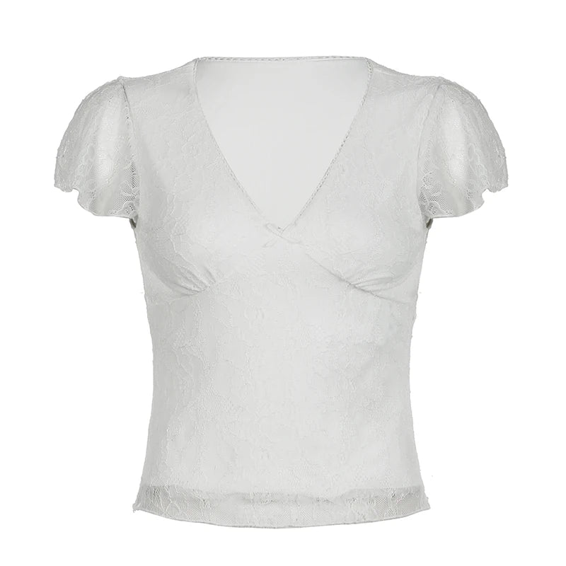 Fashion V-Neck With Bow Lace Slimming T-shirts Women Elegant Solid Chic Short Sleeve Top Tees Y2K Aesthetics Outifits