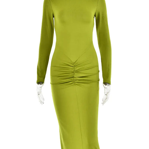 Load image into Gallery viewer, High Neck Long Sleeve Elastic Tight Dress For Women Folds Bodycon Wrap Hip Midi Dress Female Party Club Evening Dress
