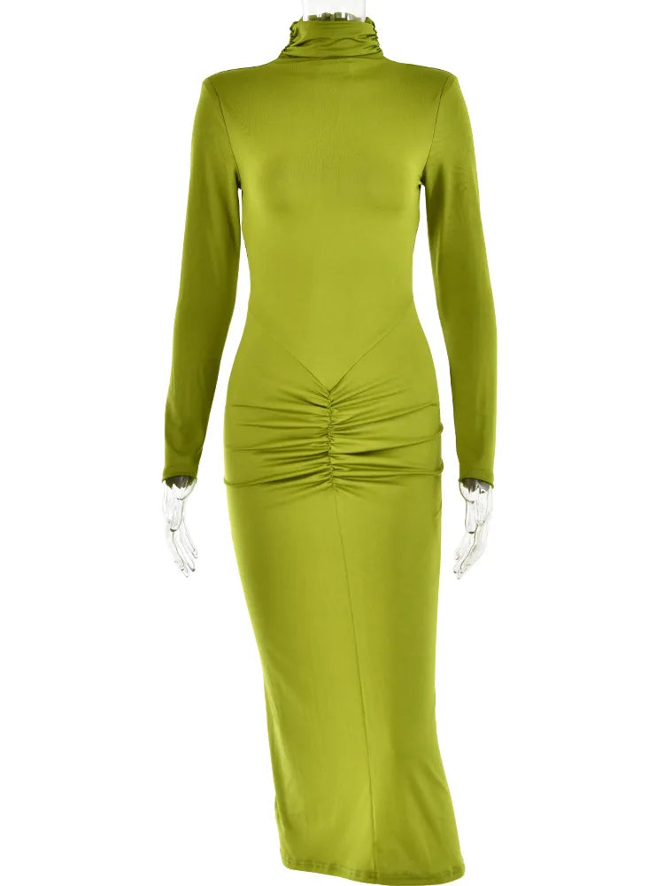 High Neck Long Sleeve Elastic Tight Dress For Women Folds Bodycon Wrap Hip Midi Dress Female Party Club Evening Dress
