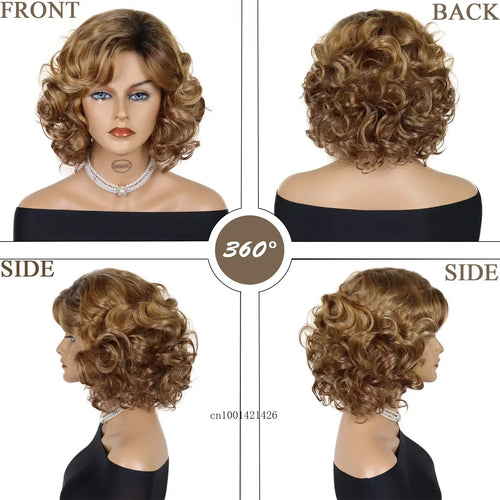 Load image into Gallery viewer, Brown Curly Mommy Wigs Synthetc Short Hair Brown Wigs with Side Bangs Black Roots Ombre Wig Natural Hairstyles Older Lady Hairs
