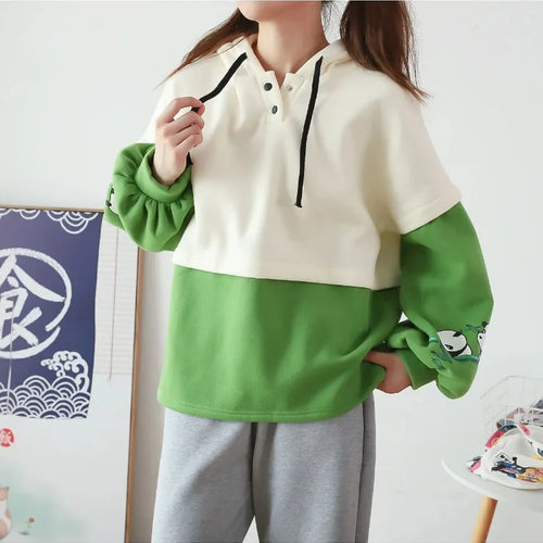 Load image into Gallery viewer, Kawaii Panda Embroidery Fleece Women Hoodies Patchwork Drawstring Hooded Sweatshirt Winter Female Pullover Cute Tops
