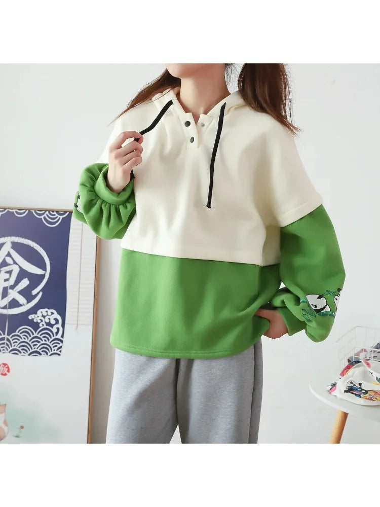 Kawaii Panda Embroidery Fleece Women Hoodies Patchwork Drawstring Hooded Sweatshirt Winter Female Pullover Cute Tops