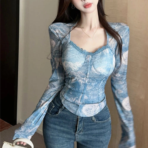 Load image into Gallery viewer, Spring Y2k Aesthetic Tie-dye Printing Tops Lace Bottoming Crop Tops Streetwear Harajuku Women Vintage Sexy Grunge T-shirt Tees
