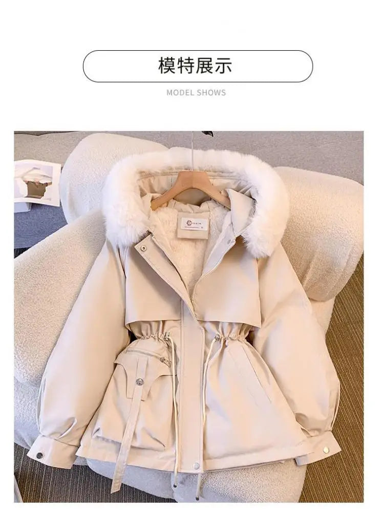 Winter Women's Solid Big Hairy Collar Hooded Velvet Parka 2024 Korean Version Ladies Oversize Warm Cardigans Down Cotton Jacket