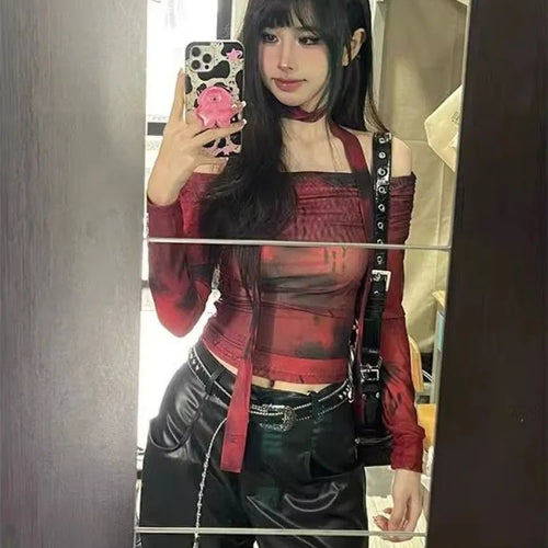 Load image into Gallery viewer, Women Gauze Y2k Aesthetic Crop Top Harajuku Slim Fit Vintage Sexy Print T-shirt Summer Streetwear Slash Neck Grunge Fairy Tees
