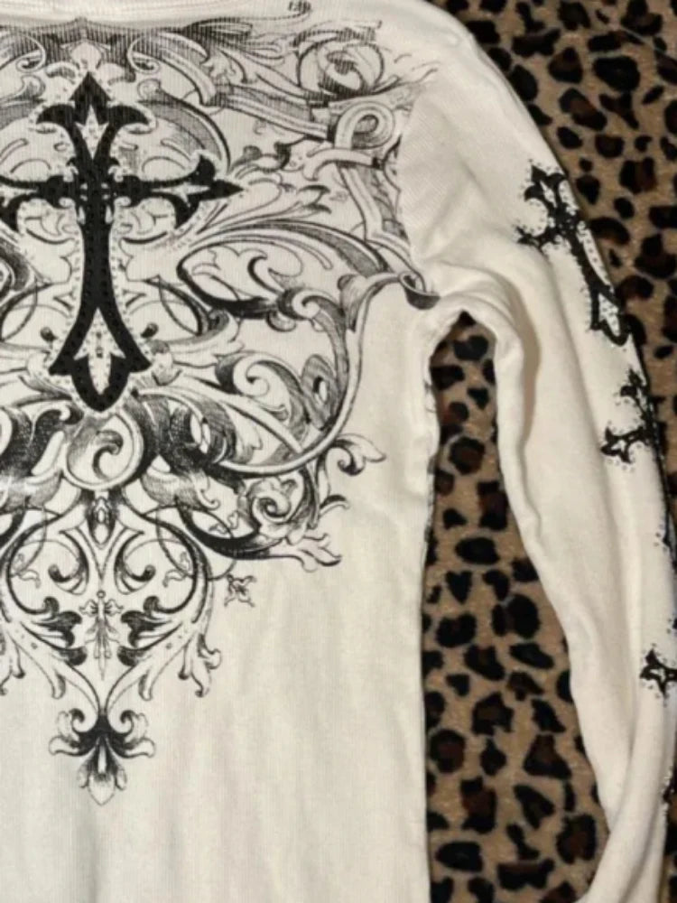 Harajuku Vintage Cross Printing T-shirts Streetwear White Y2k Aesthetic Loose Sexy Tshirts Women Grunge Diamond Autumn Tops