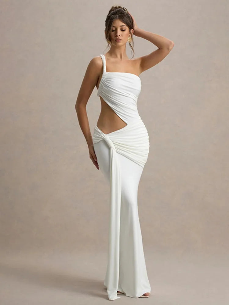 Irregular Ruched Sexy Maxi Dress For Women Gown Hollow Out One Shoulder Sleevelessdraped Bodycon Club Party Long Dress
