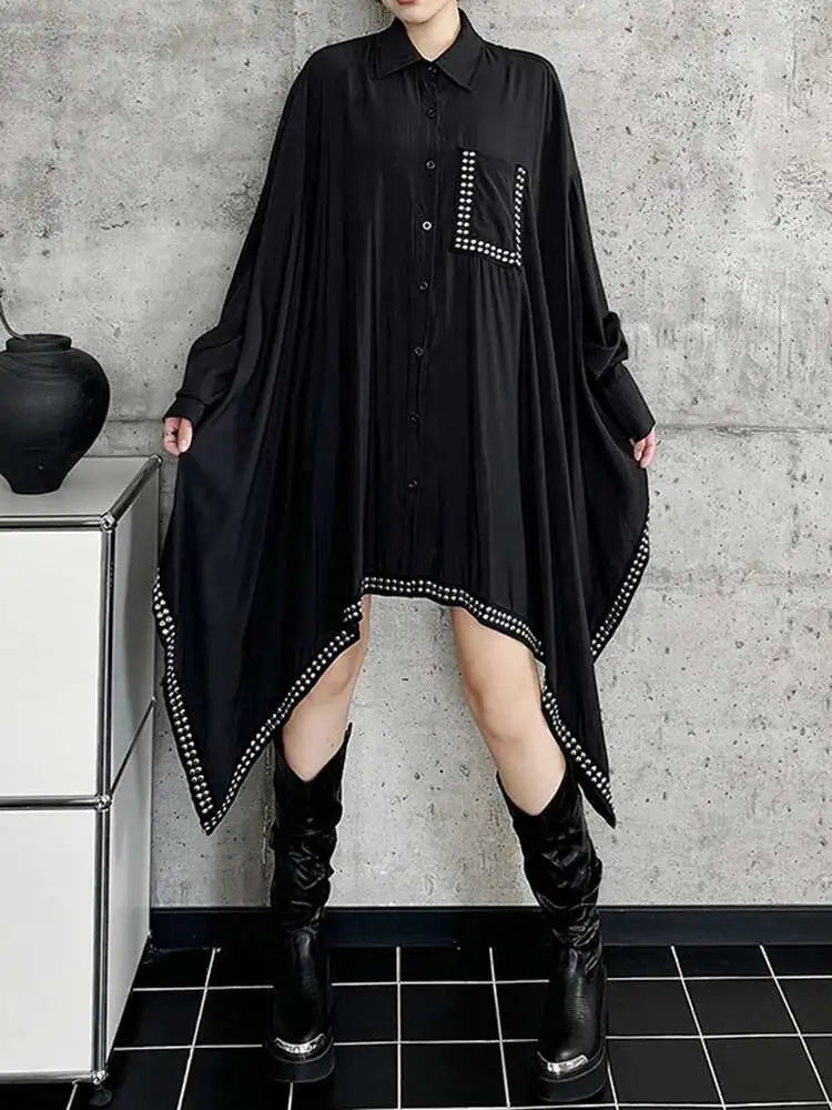 Women Black Irregular Hem Rivet Pocket Big Size Shirt Dress New Lapel Long Sleeve Fashion Tide Spring Autumn 2025 1DH7268