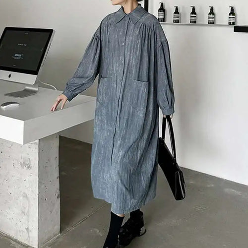 Load image into Gallery viewer, Women Black Tie Dye Pleated Big Size Midi Shirt Dress New Lapel  Long Sleeve Fashion Tide Spring Autumn 2025 1DH6918
