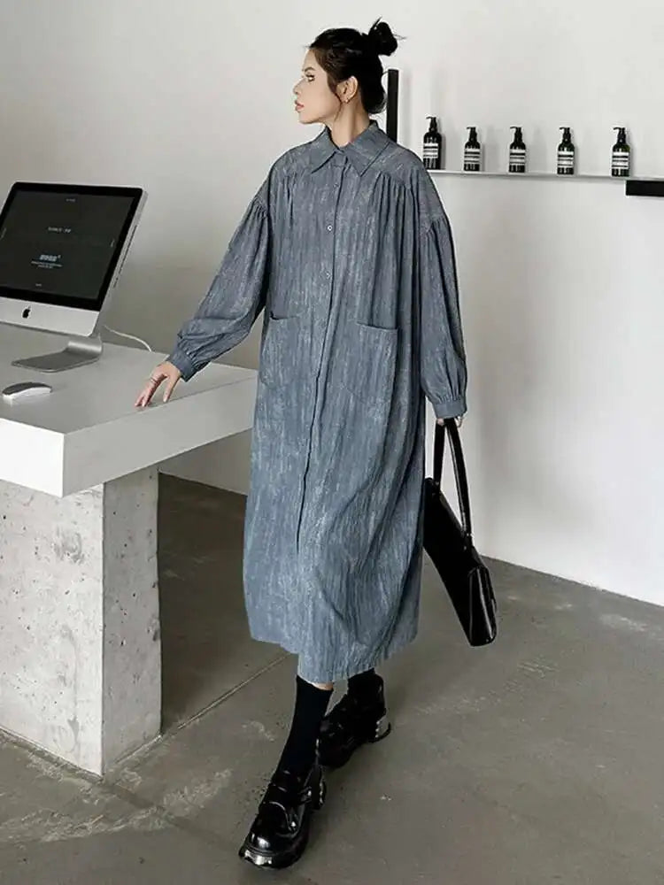 Women Black Tie Dye Pleated Big Size Midi Shirt Dress New Lapel  Long Sleeve Fashion Tide Spring Autumn 2025 1DH6918